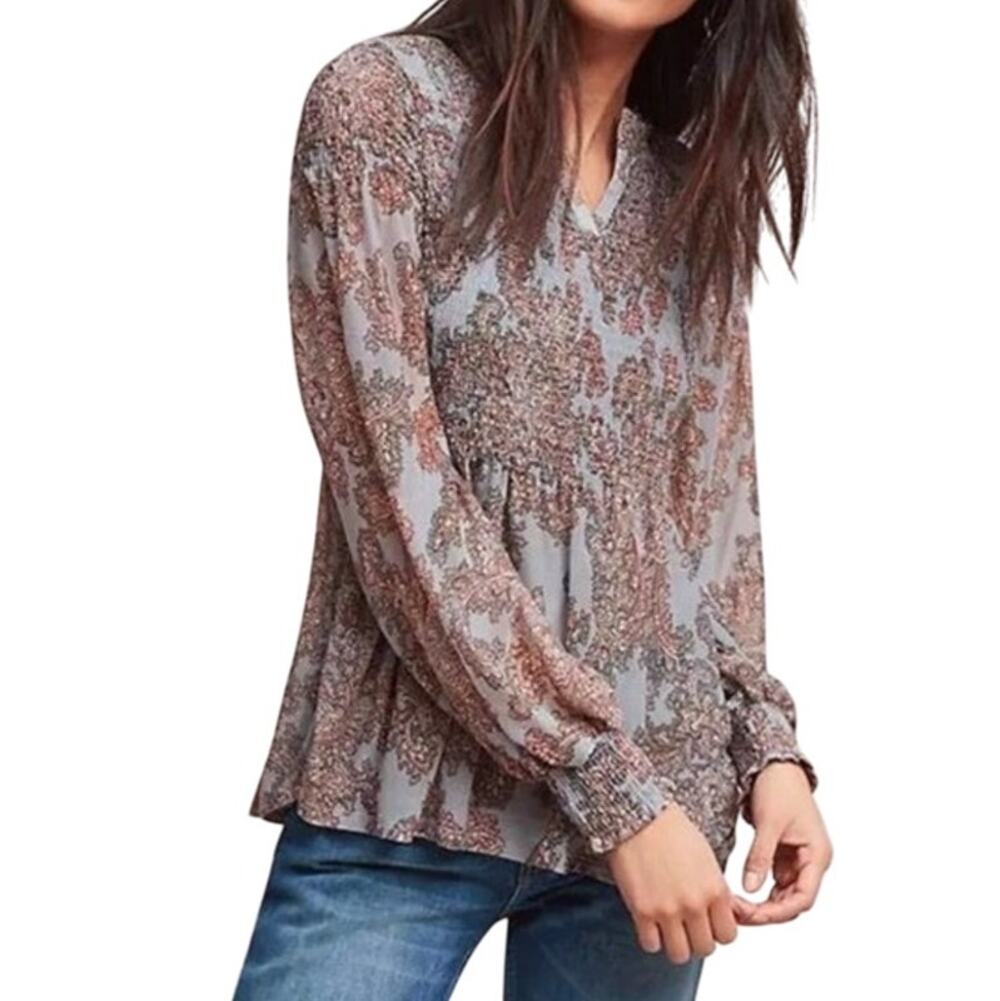 Anthropologie Akemi + Kin Adria Paisley Blouse Smocked Peasant Blue Pink XS